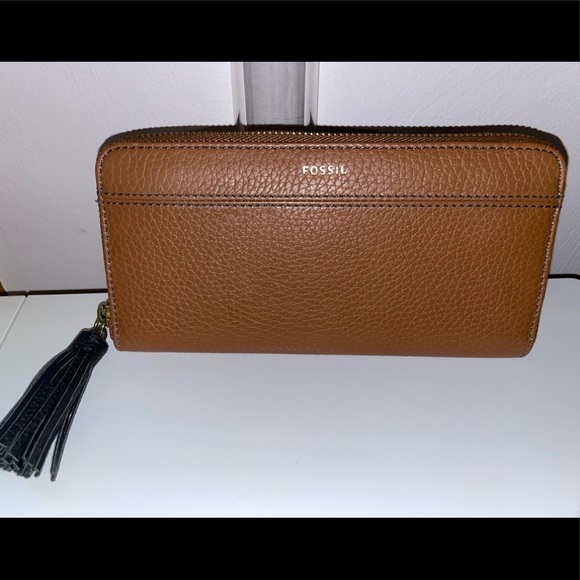 Fossil Handbags - FOSSIL TARA Clutch Zip Around Wallet Brown Leather W/ Black Tassel
